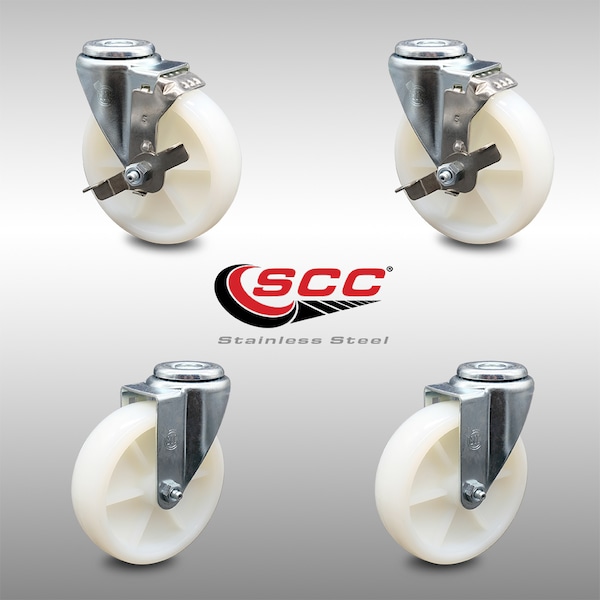 5 Inch SS Nylon Wheel Swivel Bolt Hole Caster Set with 2 Brakes